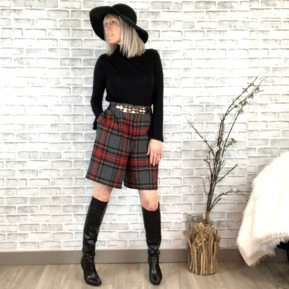 Vintage Pants - Vintage Wool Blend Plaid High Waist Lined Shorts